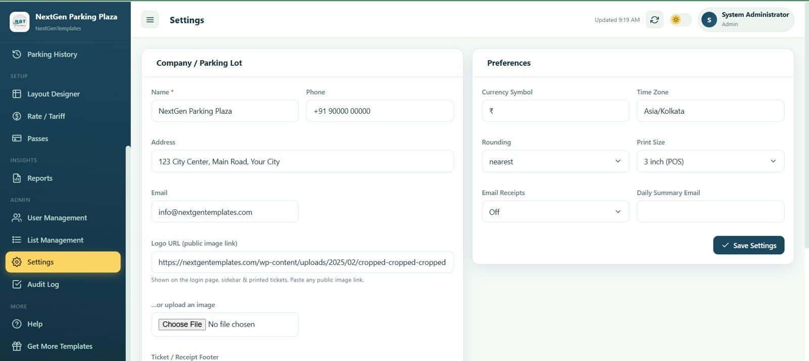 Parking system settings for company details and preferences