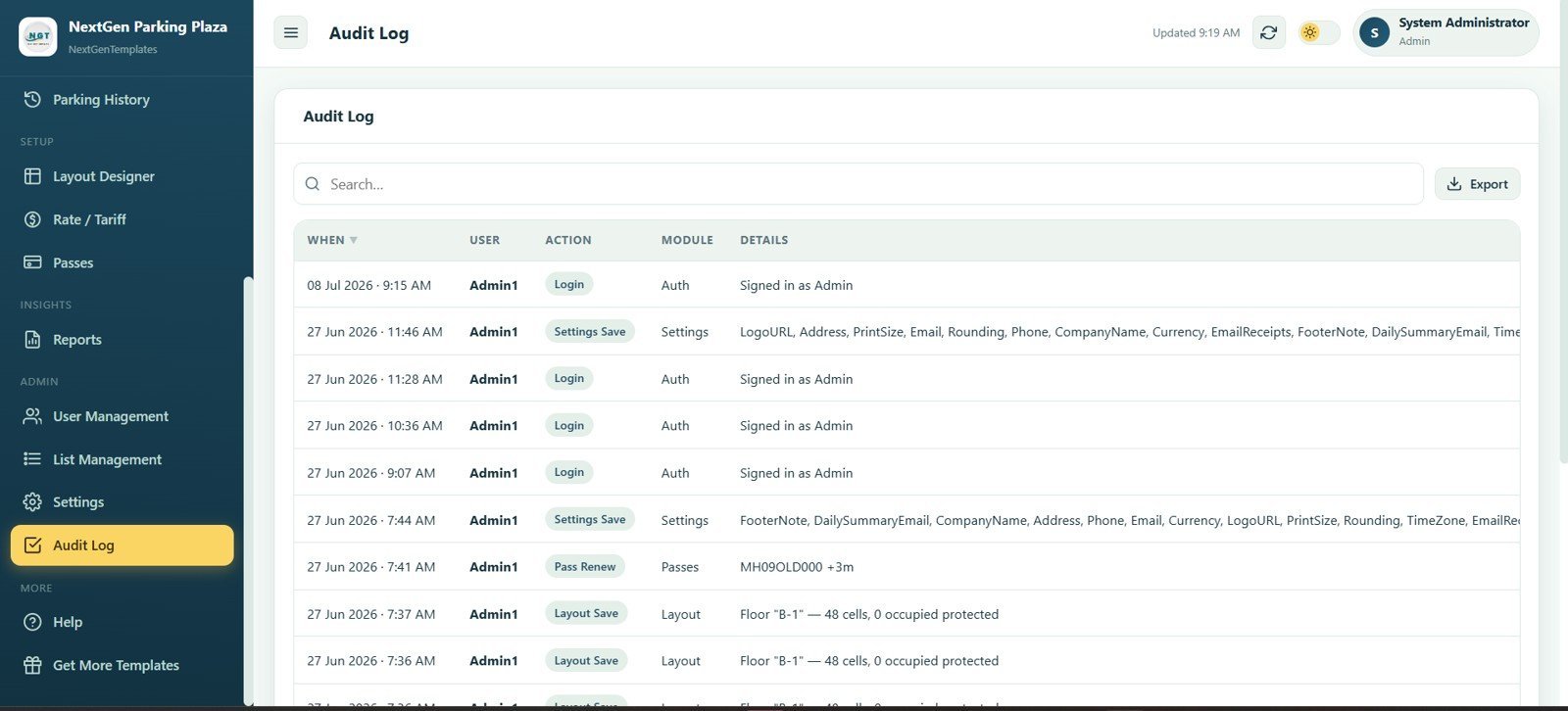 Parking audit log with user actions and system changes