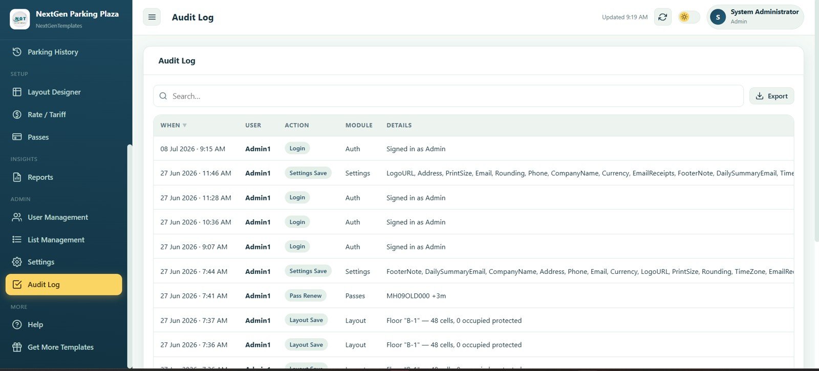 Parking audit log with user actions and system changes