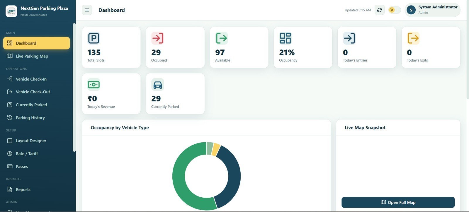 Parking management dashboard with occupancy cards and live map snapshot