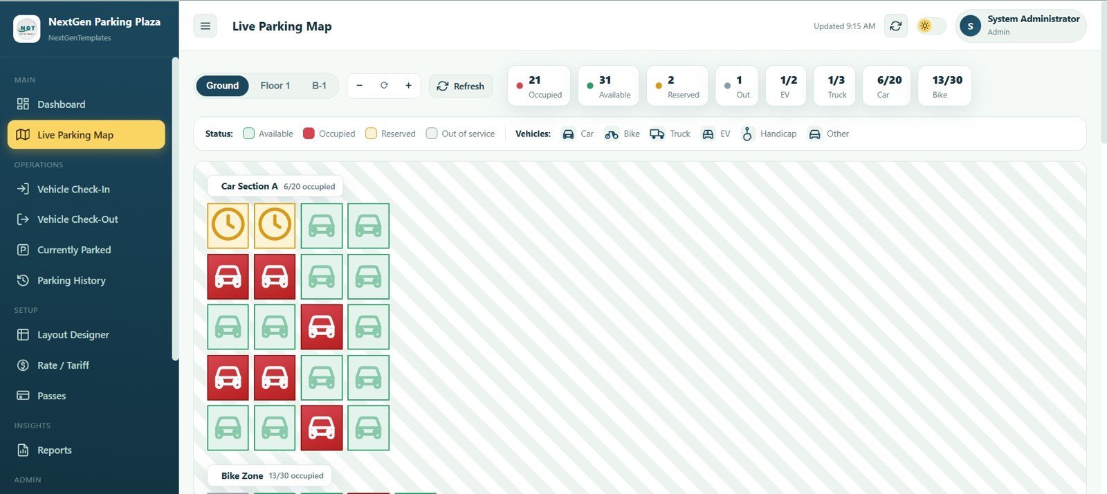 Live parking map with floor tabs slot status and vehicle type legends