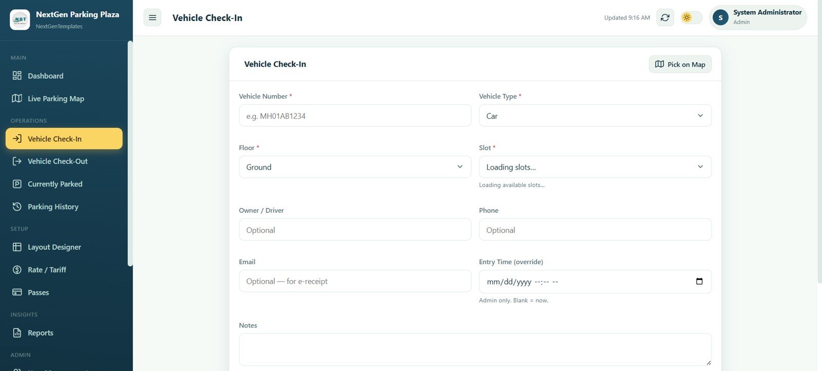 Vehicle check-in form for assigning a slot