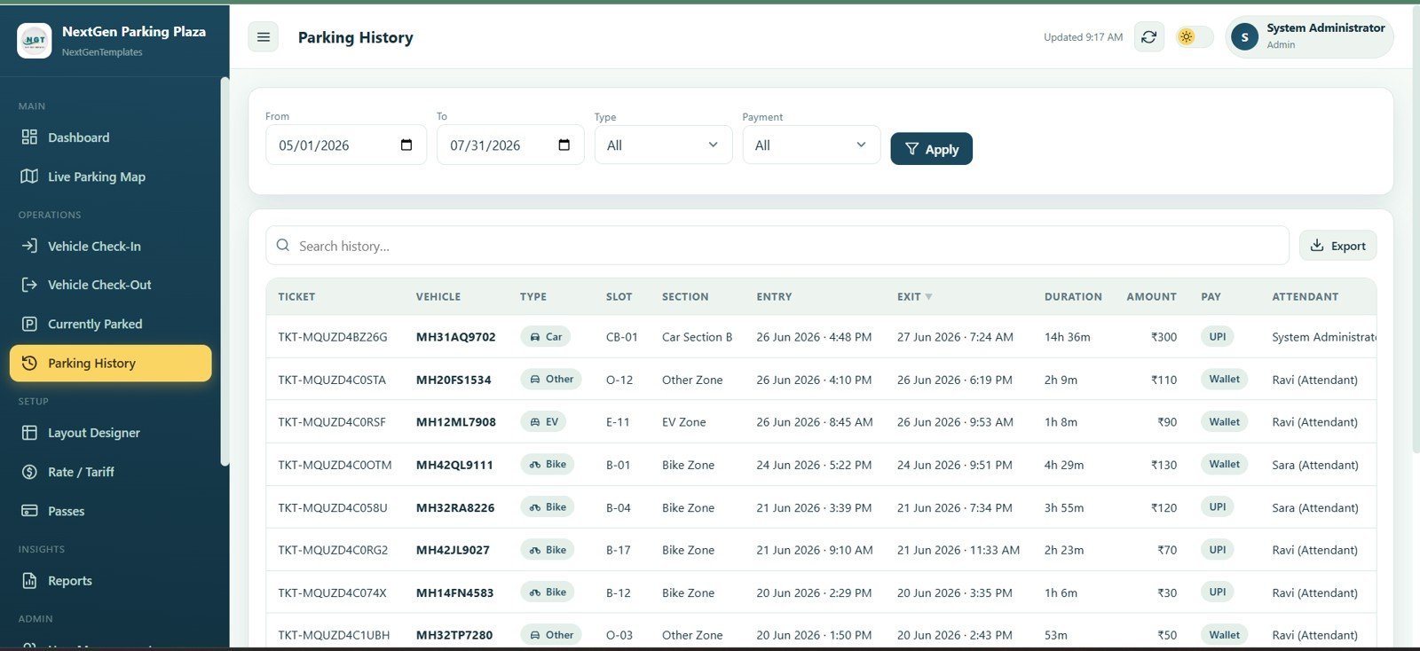 Parking history table with completed sessions and payment details