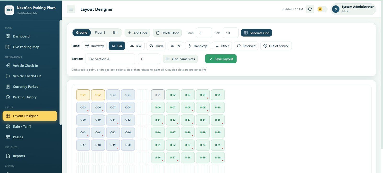 Parking layout designer for floors sections and slot types