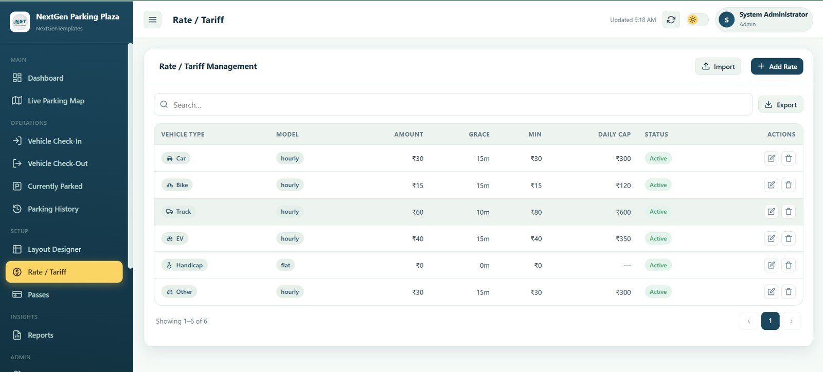 Parking rate and tariff management page