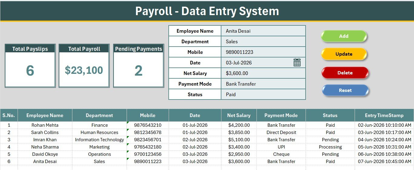 Payroll Data Entry System in Excel