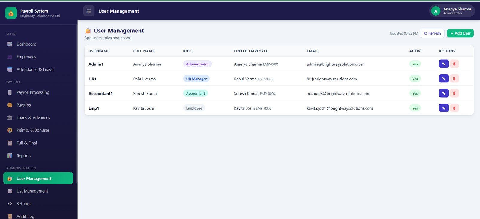 User Management page in Payroll and Salary Management System Web App