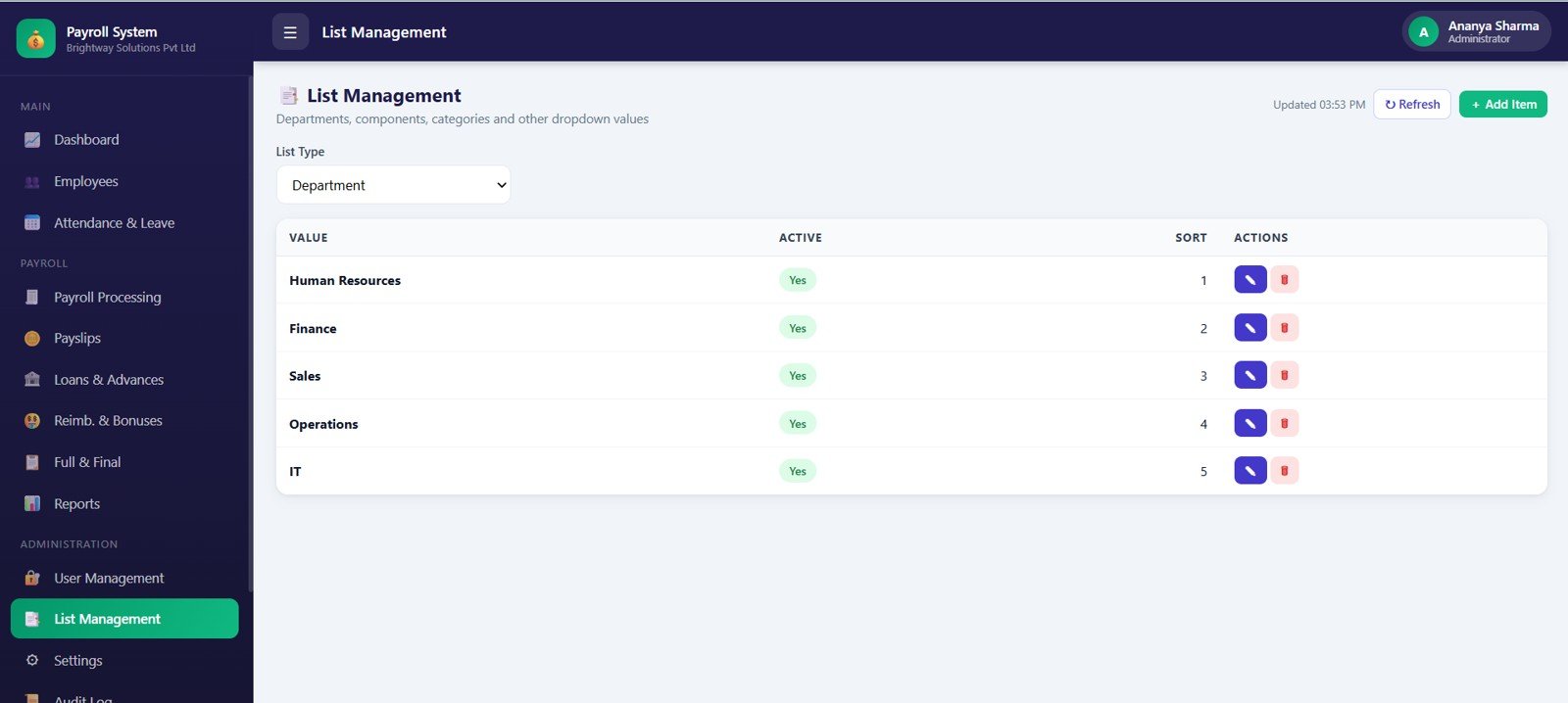 List Management page in Payroll and Salary Management System Web App
