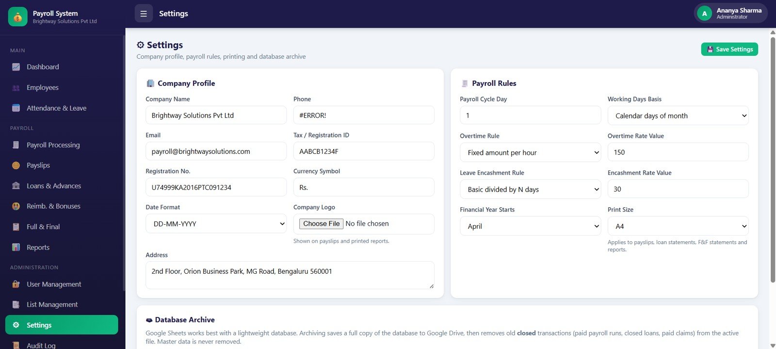 Settings page in Payroll and Salary Management System Web App