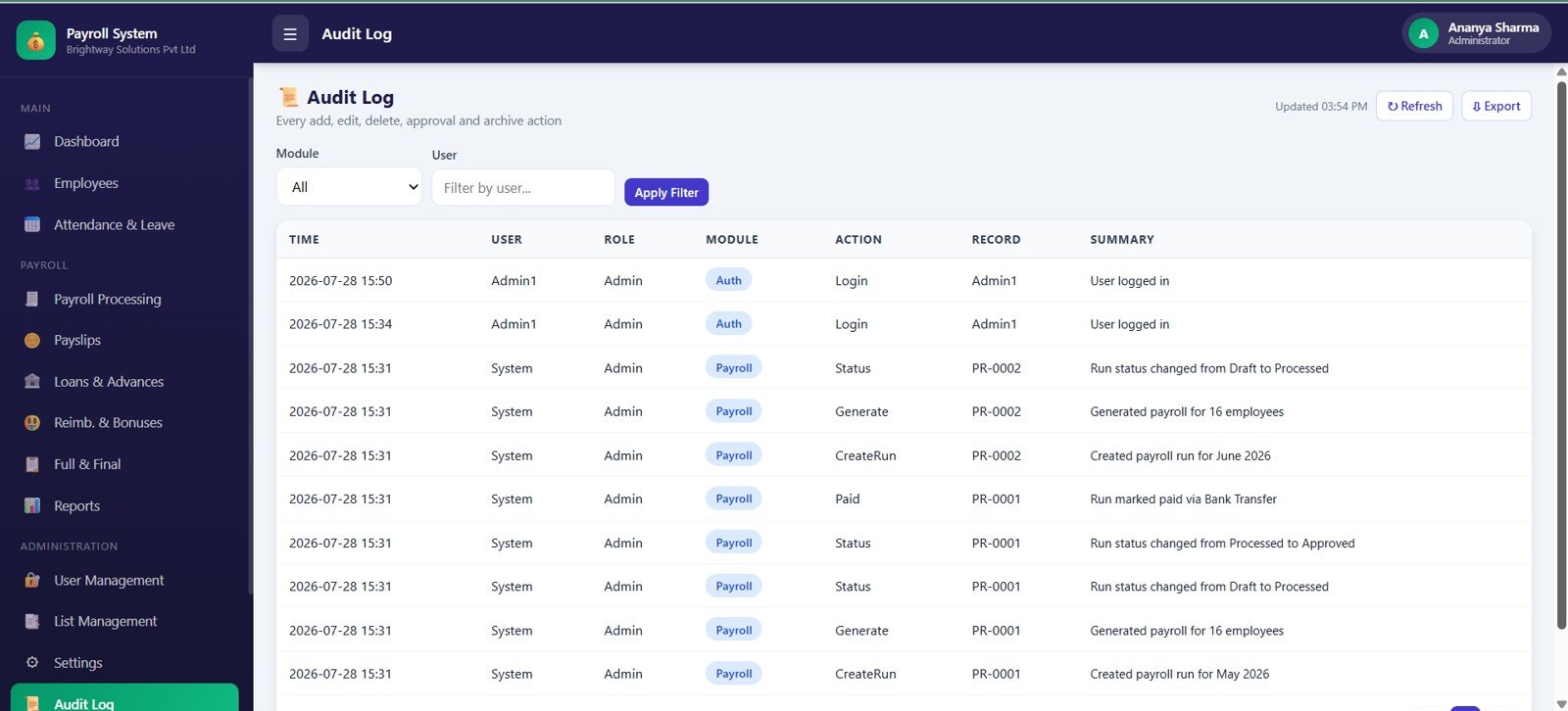 Audit Log page in Payroll and Salary Management System Web App