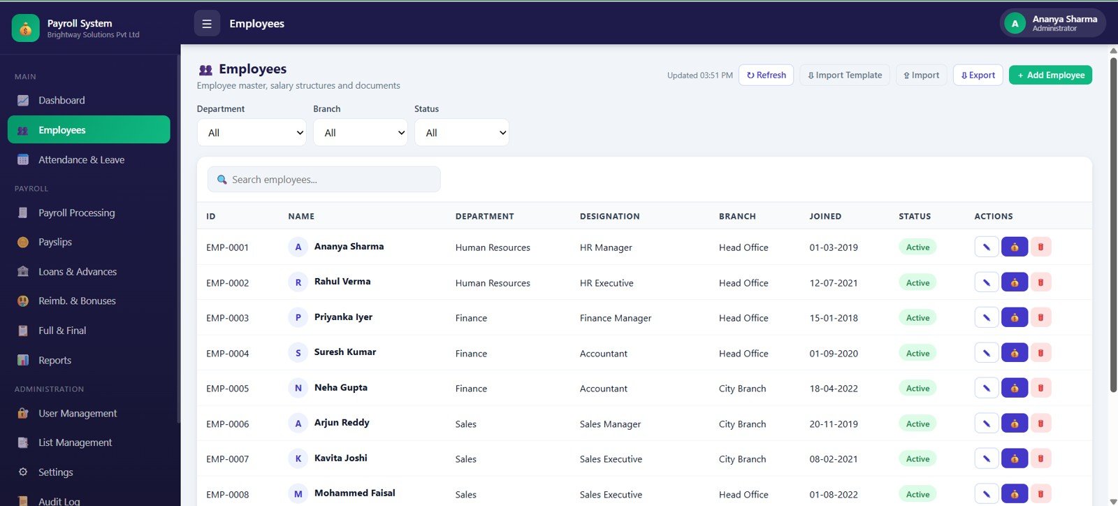 Employees page in Payroll and Salary Management System Web App