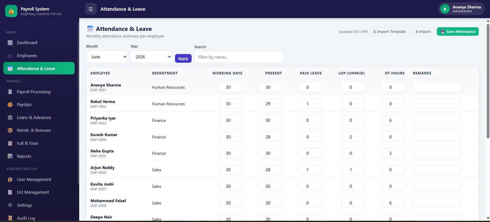 Attendance and Leave page in Payroll and Salary Management System Web App