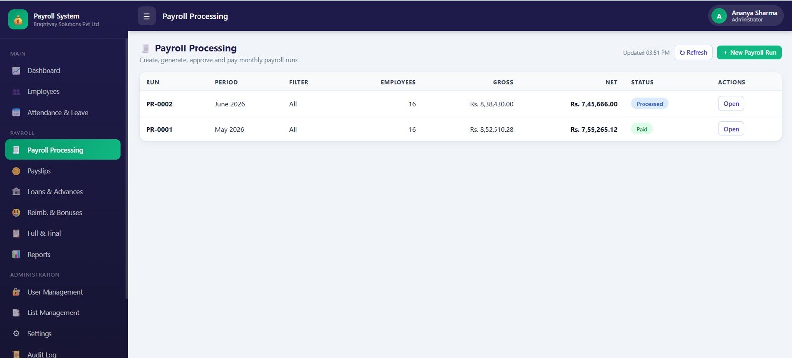 Payroll Processing page in Payroll and Salary Management System Web App