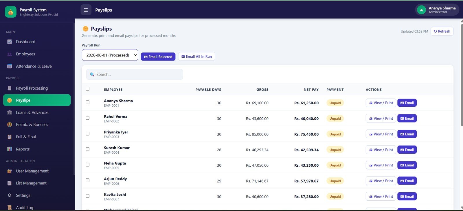 Payslips page in Payroll and Salary Management System Web App