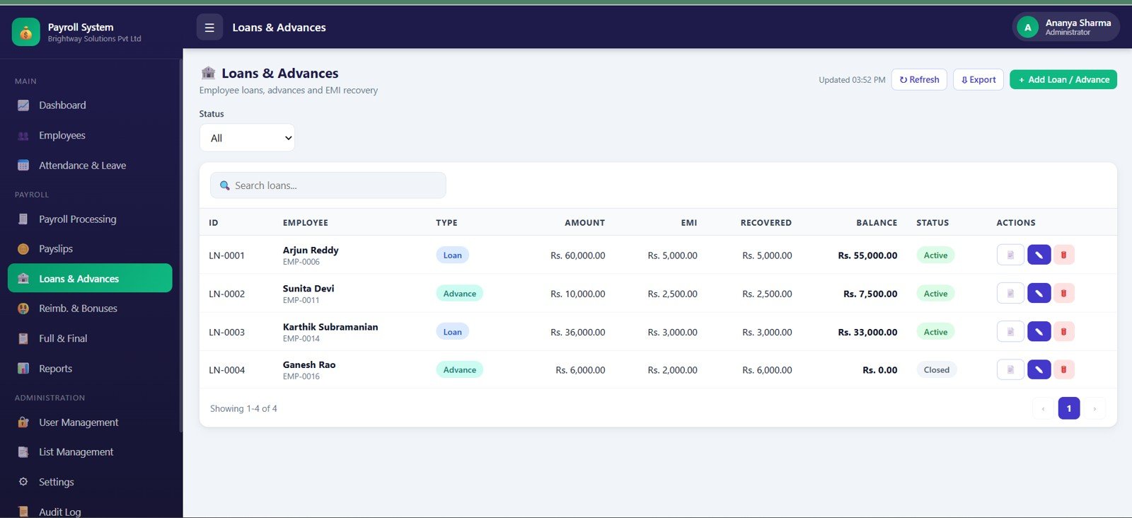 Loans and Advances page in Payroll and Salary Management System Web App
