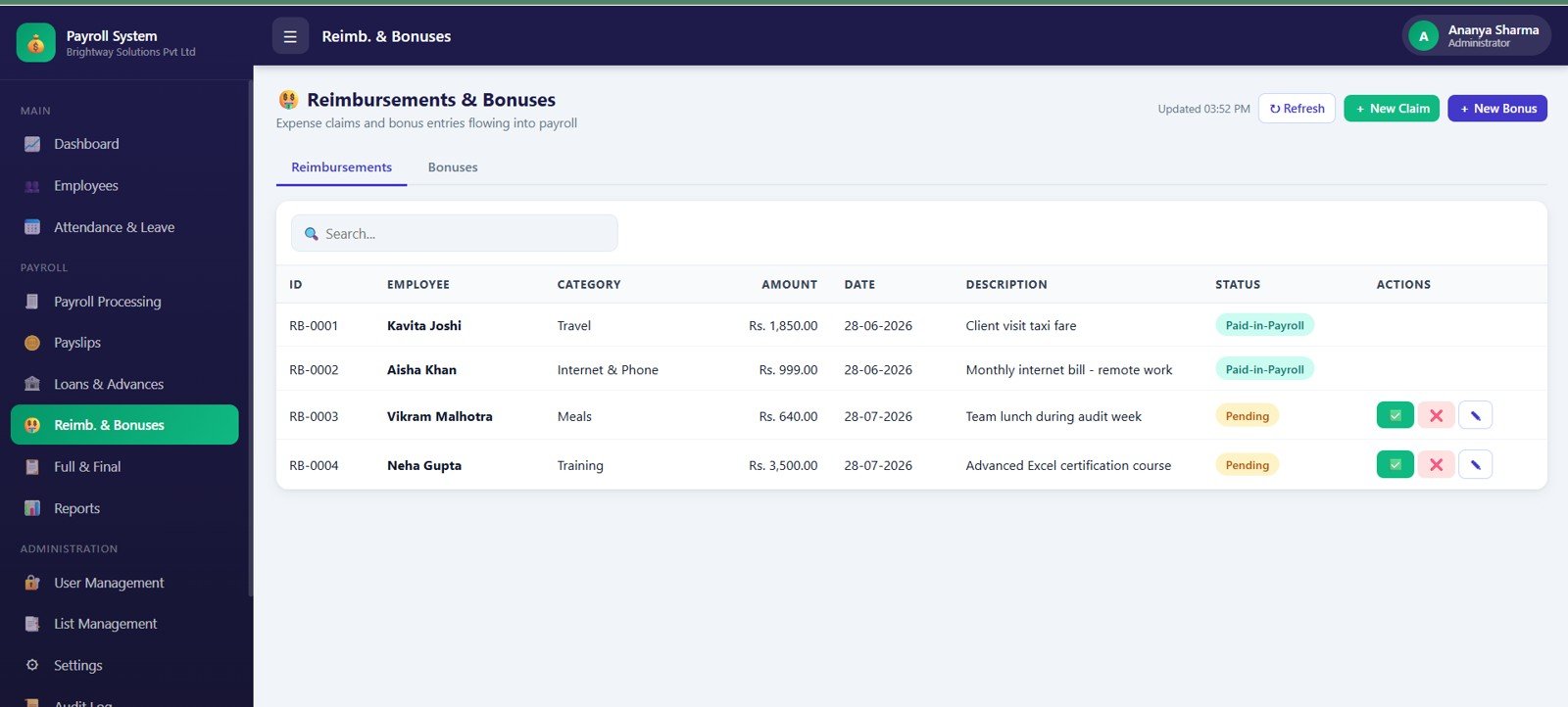 Reimbursements and Bonuses page in Payroll and Salary Management System Web App
