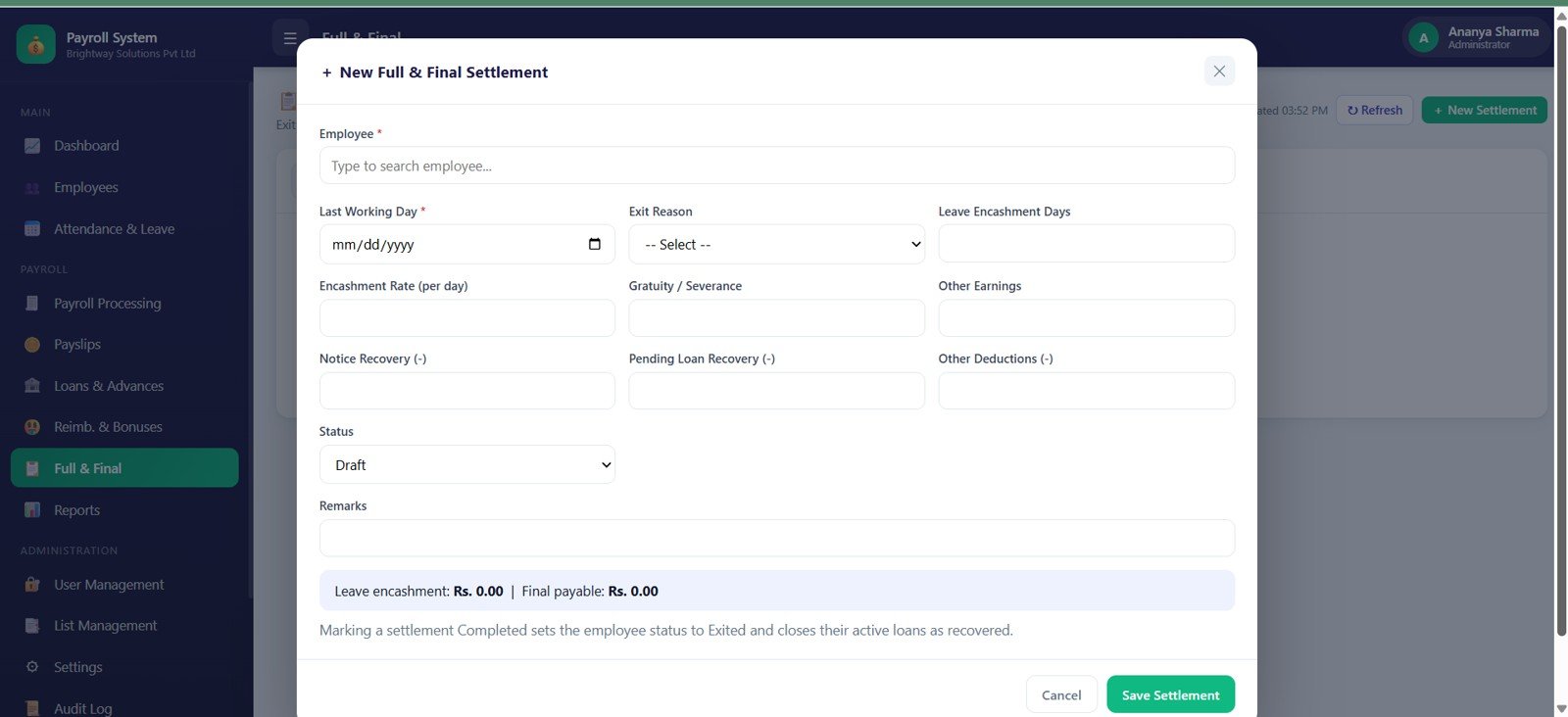 Full and Final Settlement page in Payroll and Salary Management System Web App