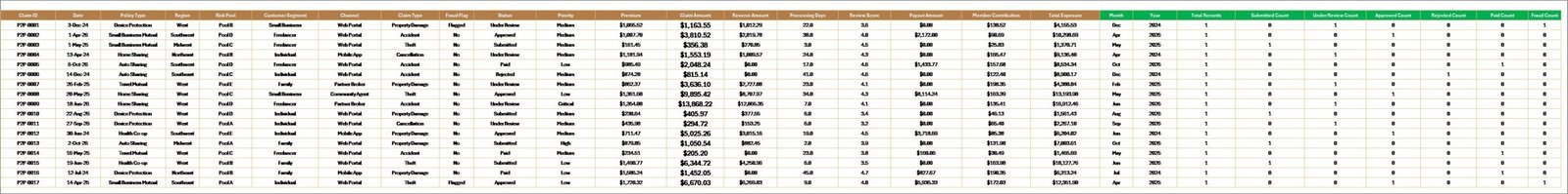 Peer to Peer Insurance Dashboard in Excel data sheet tab