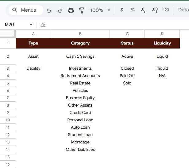 Setup Lists sheet in Personal Finance Net Worth Tracker in Google Sheets