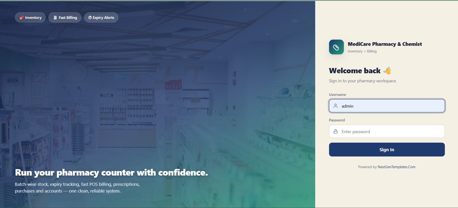 Pharmacy Inventory and Billing Management System Web App login page