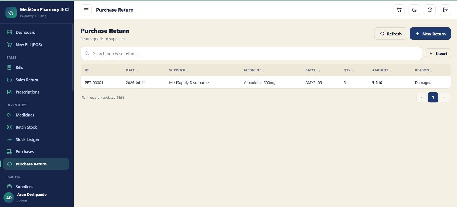Purchase return module for supplier stock returns