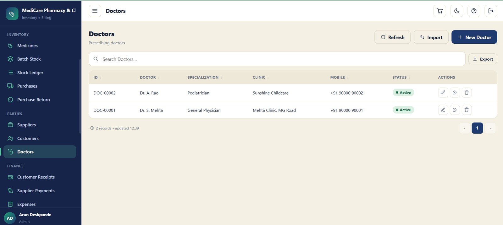 Doctor master module for pharmacy prescriptions