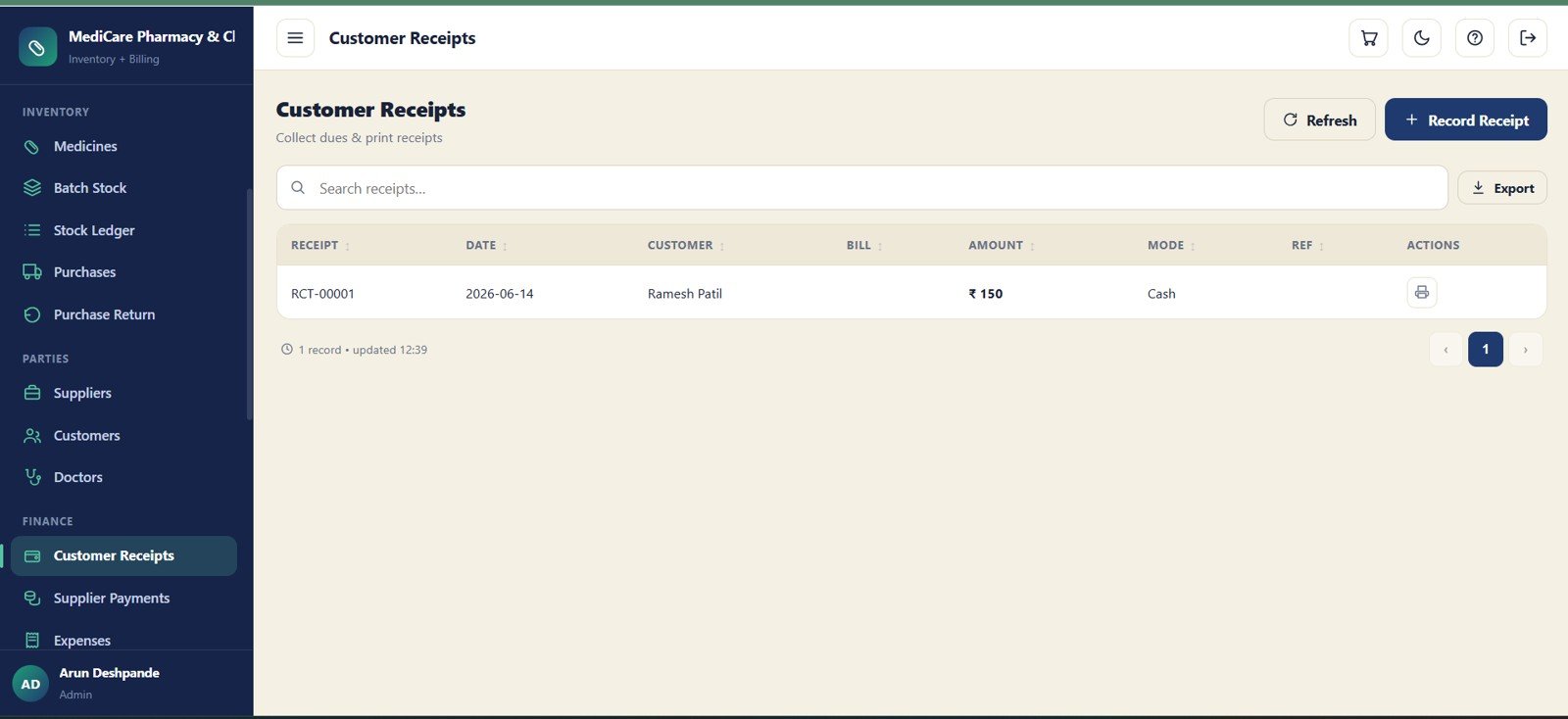 Customer receipts module for pharmacy due collection