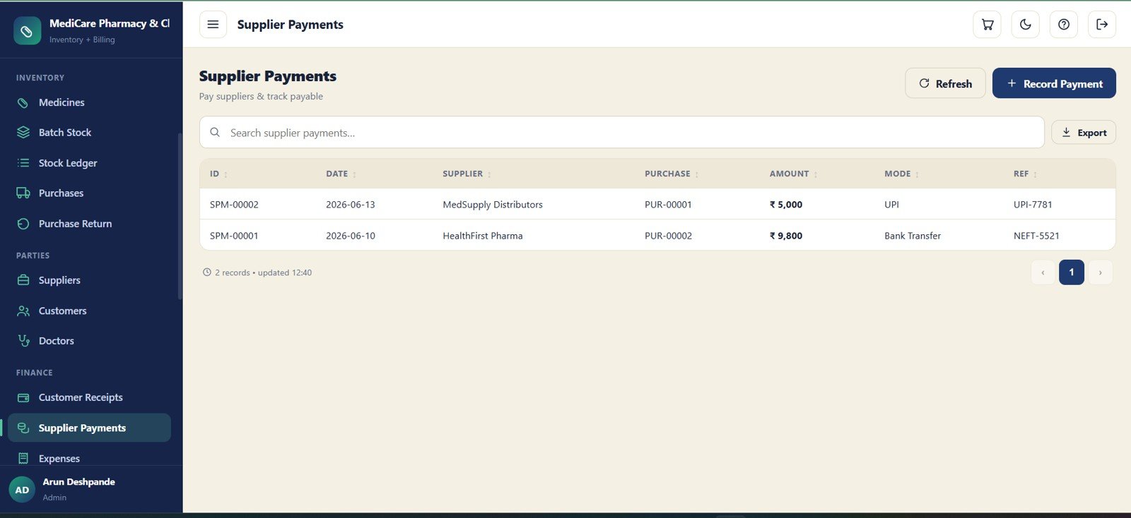 Supplier payments module for pharmacy purchase settlement