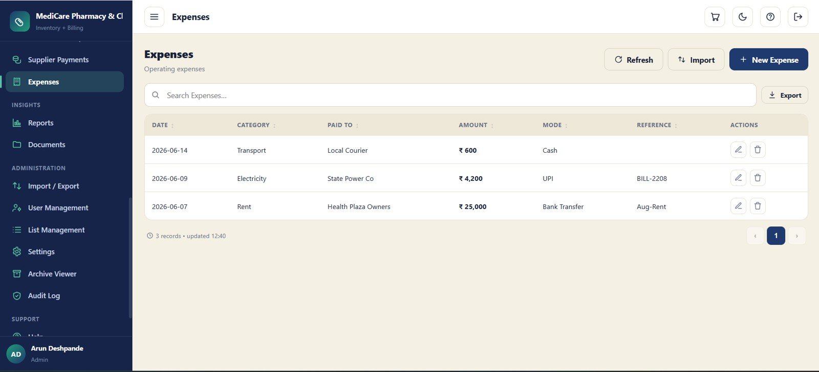 Pharmacy expenses module with payment details
