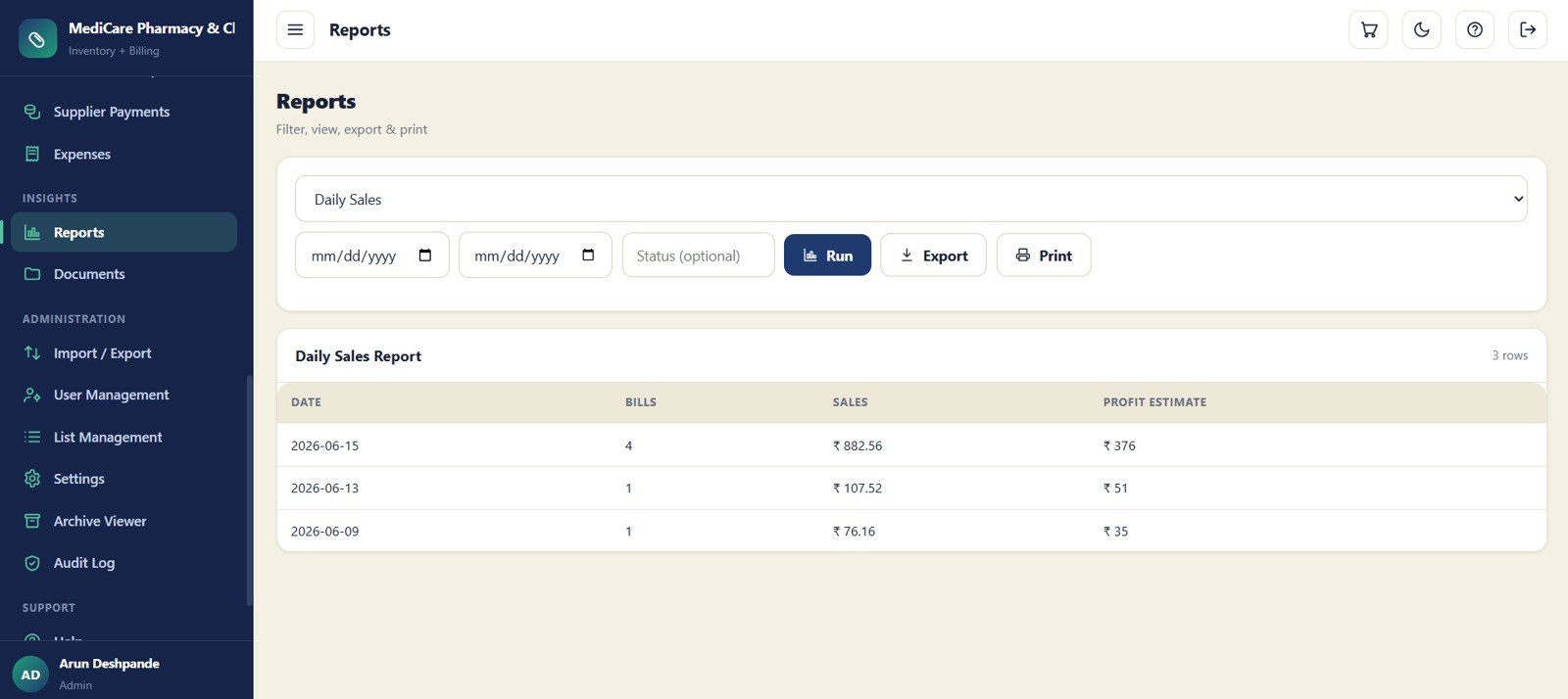 Pharmacy reports screen with filters and export options