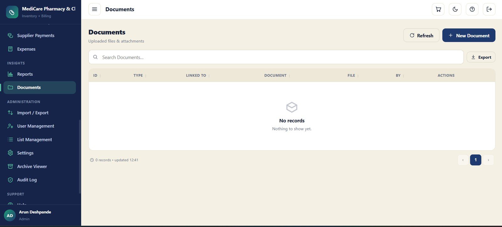 Documents module for pharmacy attachments