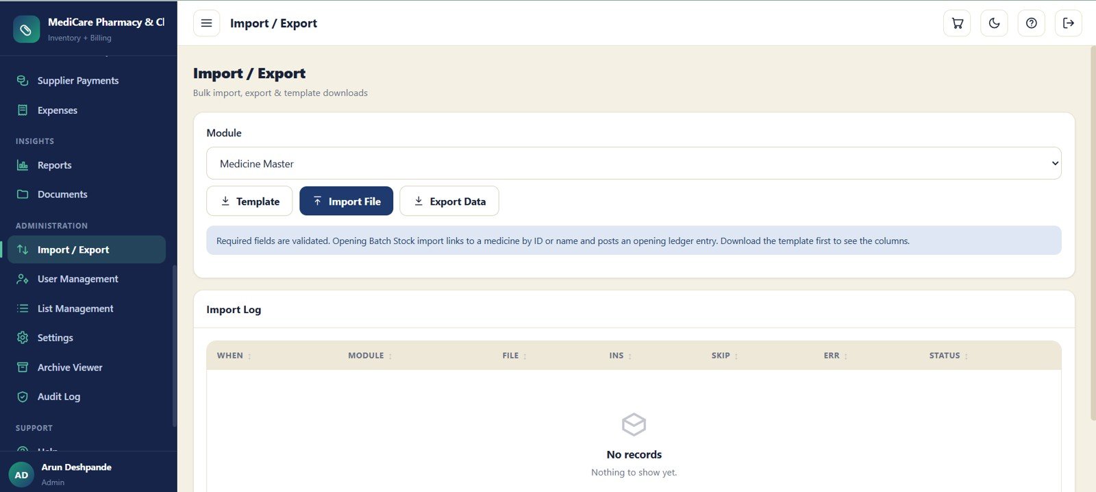 Import and export module with template download and import log