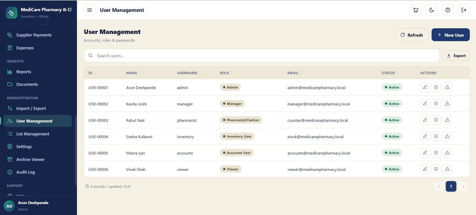 User management screen with roles and account status