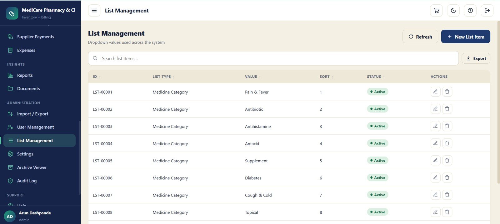 List management screen for pharmacy dropdown values