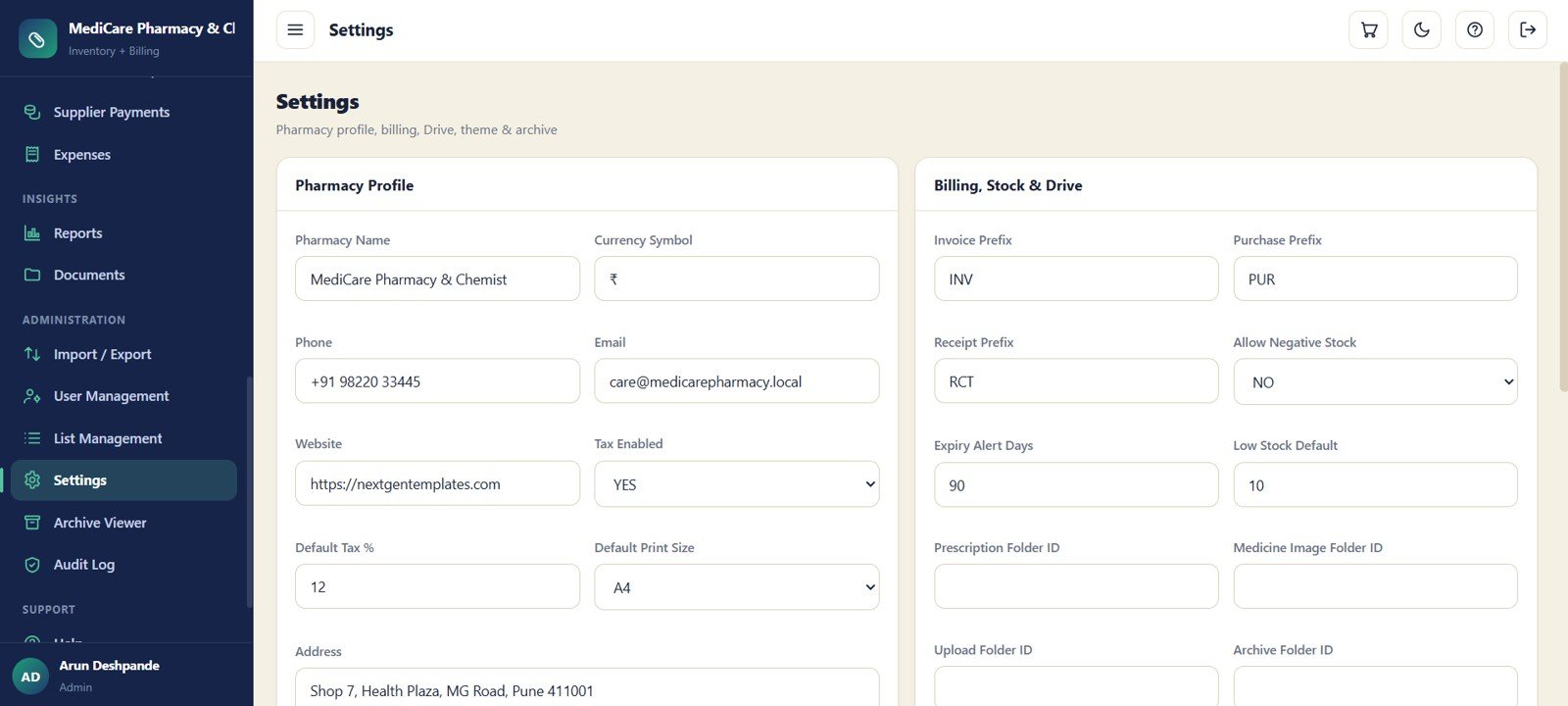 Settings screen for pharmacy profile billing stock and Drive folders