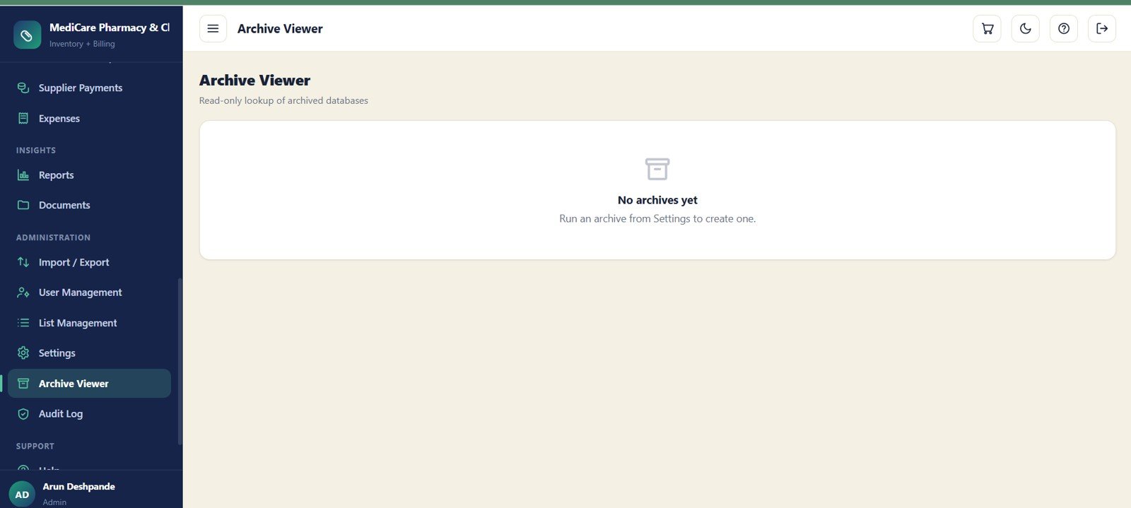 Archive viewer screen for read-only pharmacy records