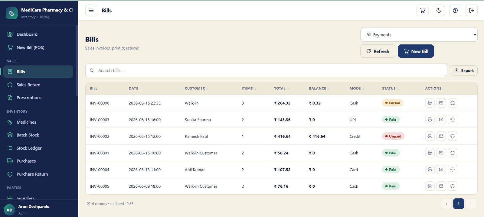 Pharmacy bills module with invoice records