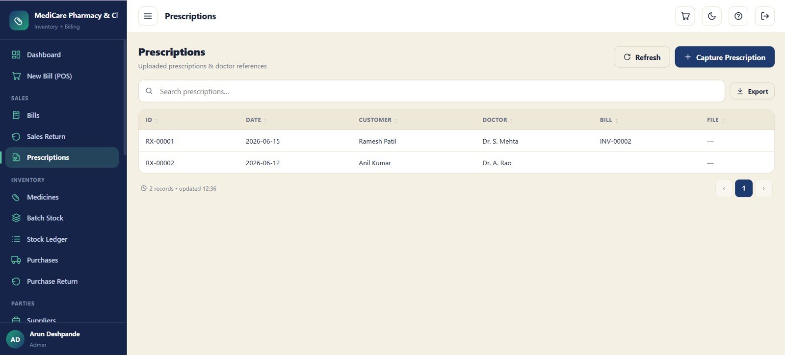 Prescription storage module for pharmacy billing
