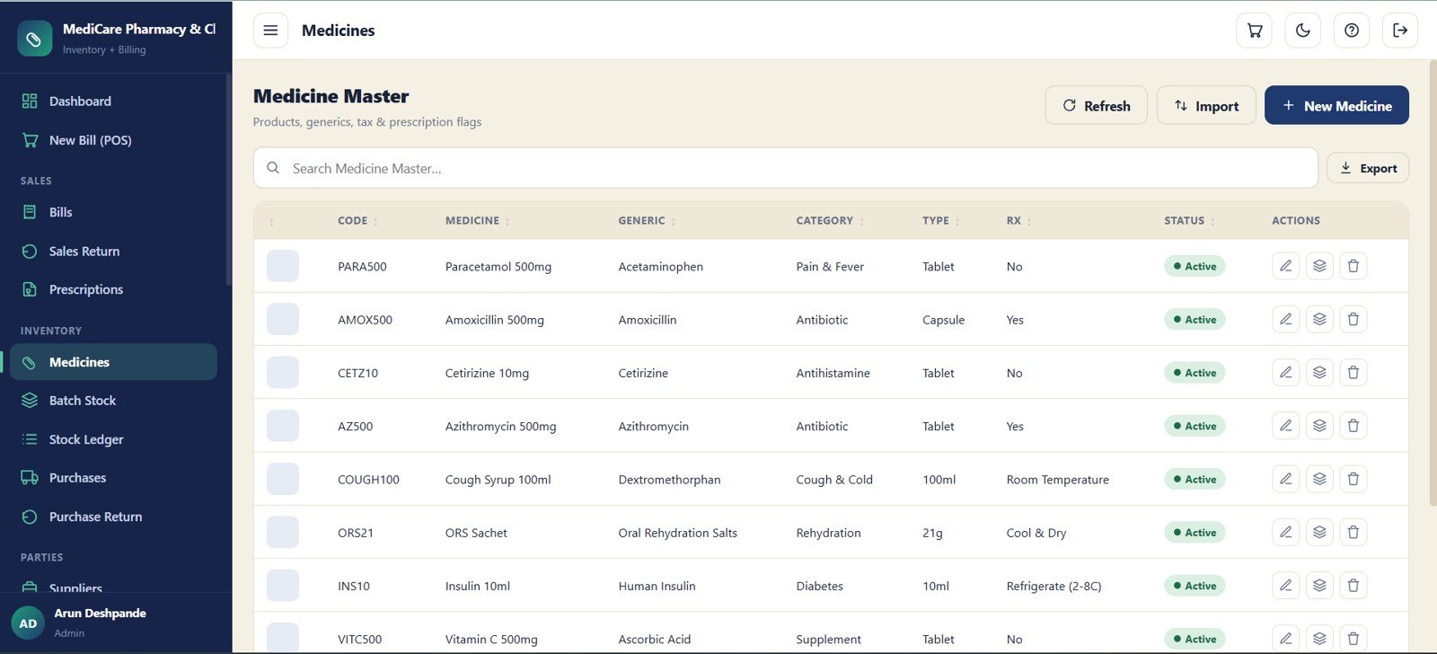 Medicine master module with medicine and generic details