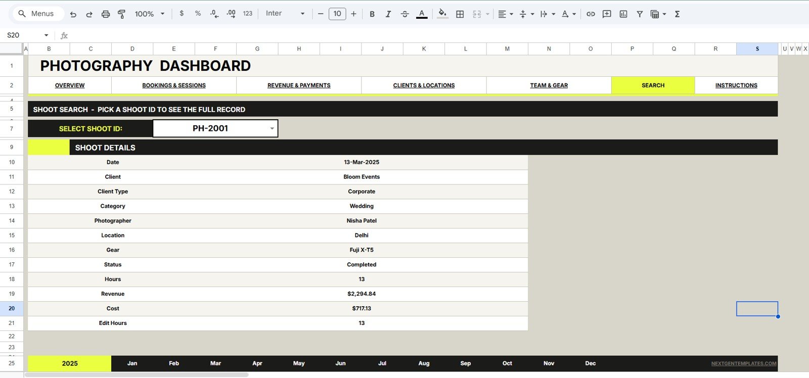 Search Sheet tab in Photography Dashboard in Google Sheets