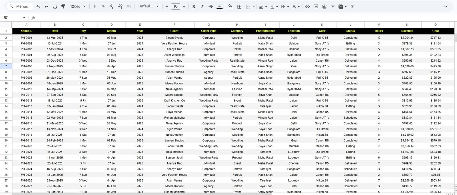 Data Sheet tab in Photography Dashboard in Google Sheets
