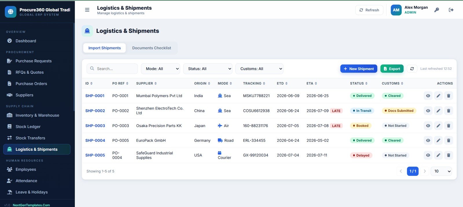 Procure360 logistics and shipments page