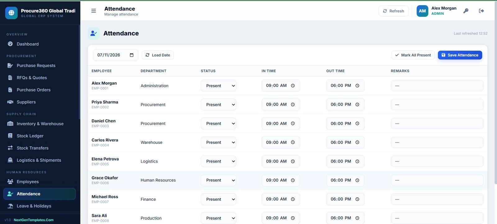 Procure360 attendance entry page