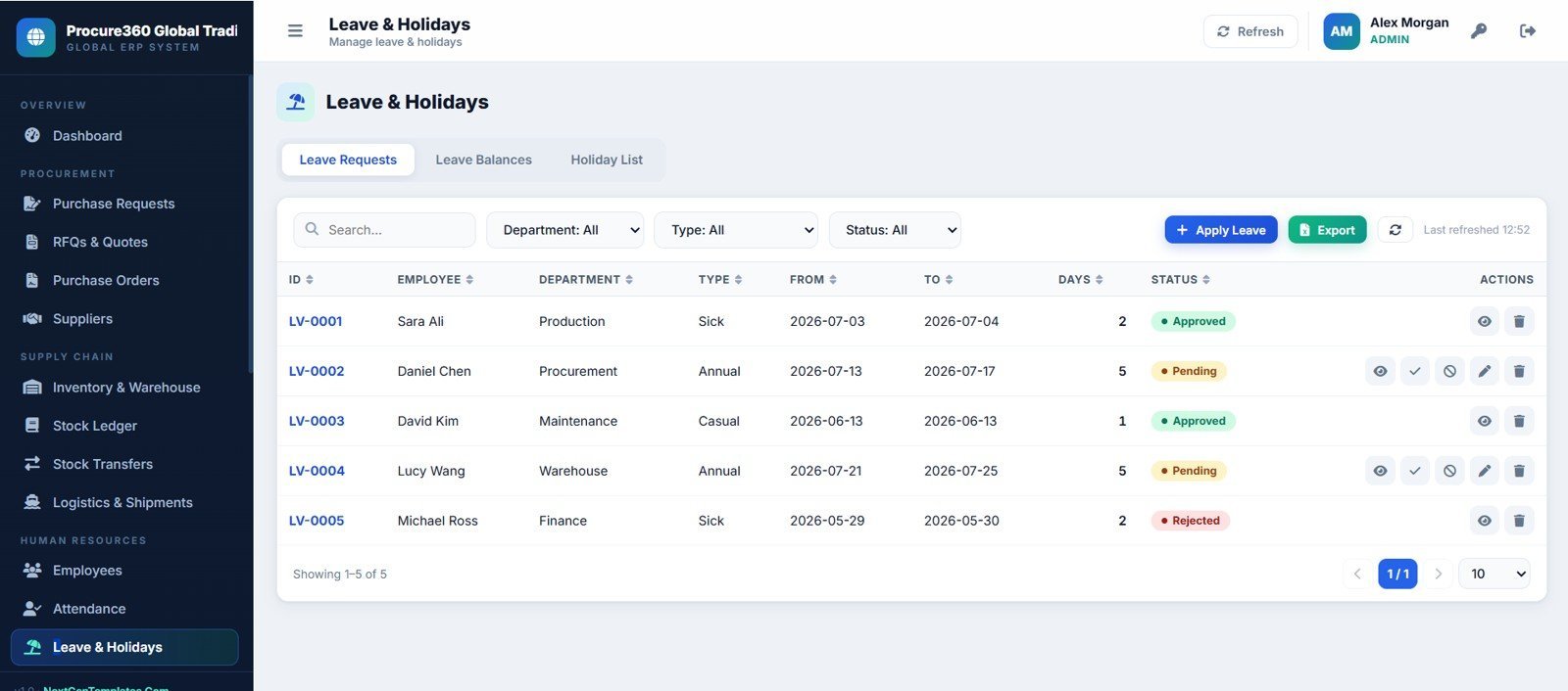 Procure360 leave and holidays page
