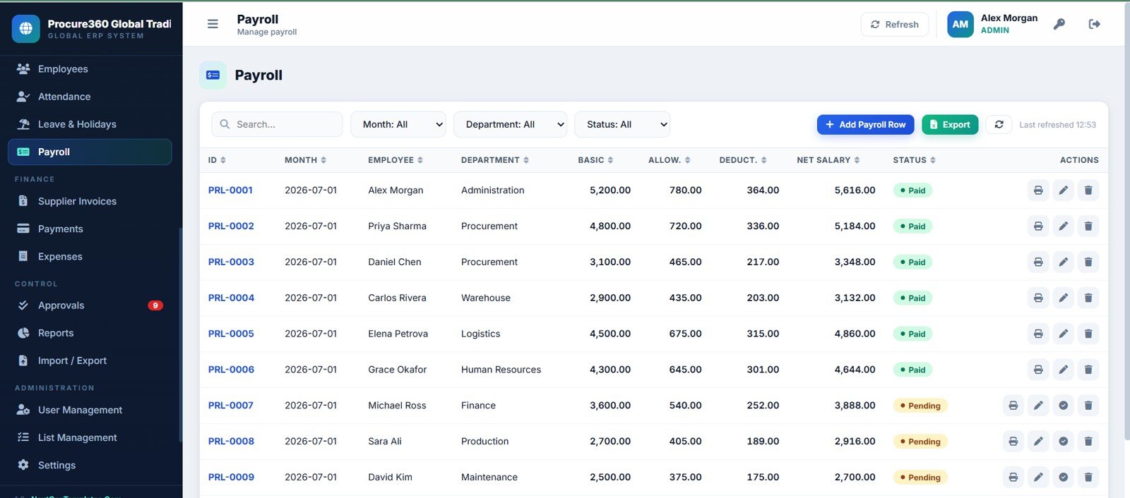 Procure360 payroll page