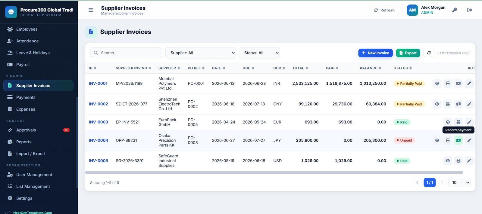 Procure360 supplier invoices page