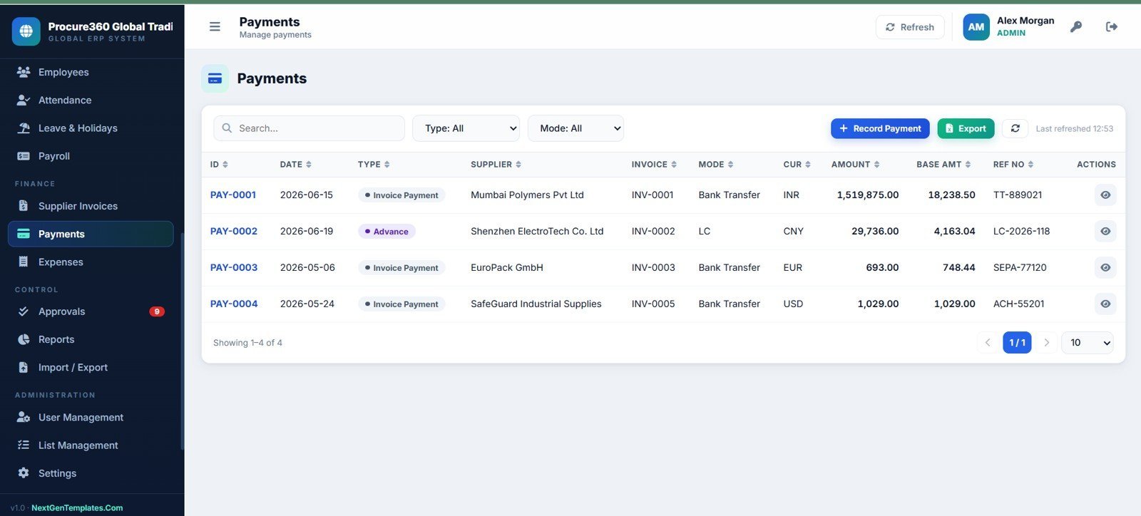 Procure360 supplier payments page