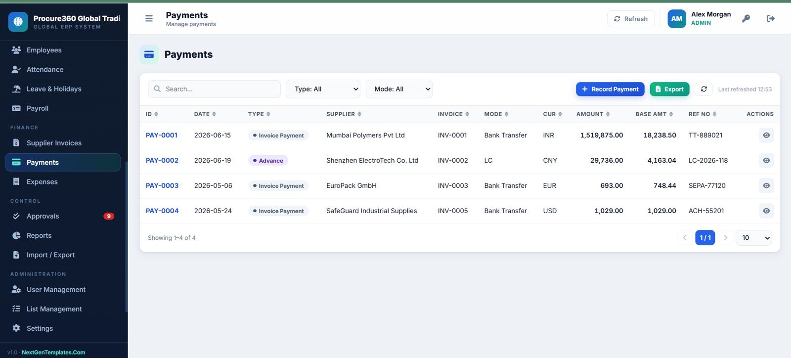 Procure360 payments page