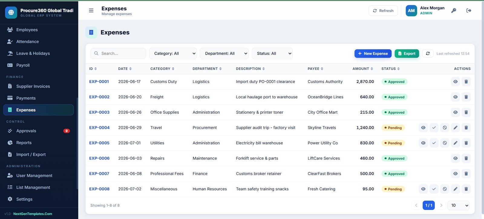 Procure360 expenses page