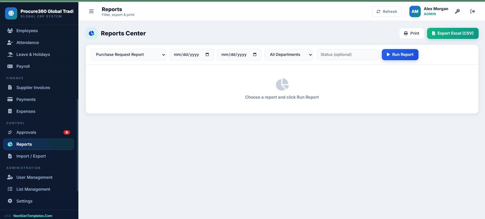 Procure360 reports center page
